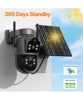 Caméra solaire sans fil 4MP extérieur, double objectif, panneau solaire