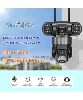 Caméra de vidéosurveillance à 3 objectifs, réseau Wifi, ou 4G