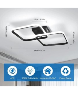 Plafonnier LED Design de salon, plafonnier carré en acrylique 42W 4700LM, plafonnier moderne en aluminium noir