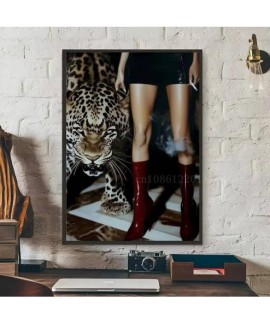 Affiche d'art mural léopard et rose pour femmes et léopard, autocollant en papier imperméable, pour café, Bar, mur de salle